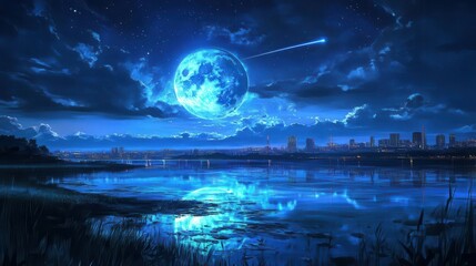 Stunning Night Sky Over a Tranquil Lake with Moonlight Reflection and Starry Atmosphere