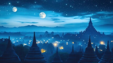 Stupas Illuminated Under Moonlit Night Sky with Stars in a Serene Landscape