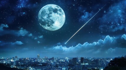 Stunning Nighttime Cityscape Under A Full Moon with Bright Stars and a Shooting Star in the Sky