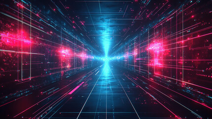Obraz premium Futuristic grid line composition with vibrant neon glow effect on dark background, embodying cyberpunk aesthetic for digital design projects.