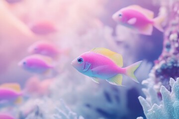 A vibrant pink and blue fish swims gracefully amidst a blurred coral reef, showcasing underwater serenity.