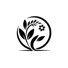 Minimalist Botanical Logo: Black Leaves, Circle, Flower, and White