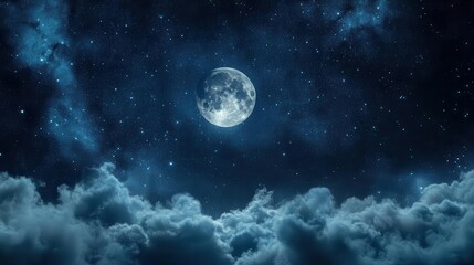 Stunning Moon Illuminating a Starry Night Sky with Clouds in a Tranquil Atmosphere