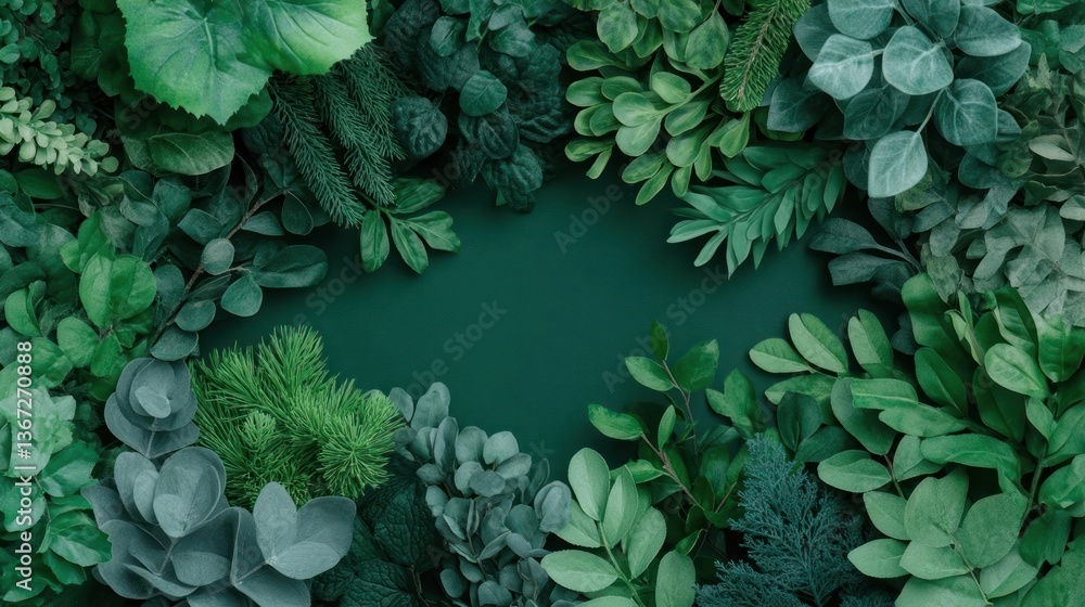Poster overhead view of assorted green leaves and foliage framing a dark green circular space creating a na