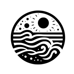 Black and White Celestial Circle: Sun, Sea, and Stars