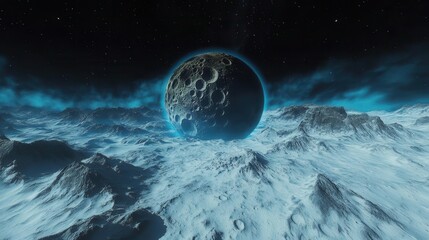 Surreal Planet Rising Above Ice-Covered Mountains Under a Starry Night Sky in Deep Space