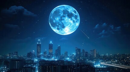 Stunning Nighttime Cityscape Under a Bright Full Moon Illuminated by Stars and Clouds