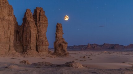 Stunning Desert Landscape Under Full Moon Illuminating Rock Formations at Night