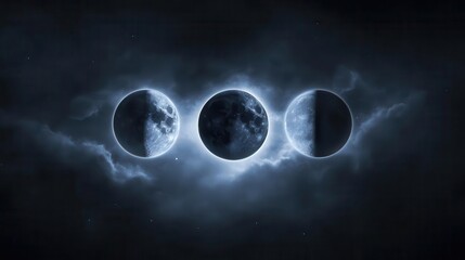 Three Phases of the Moon Illuminated by Ethereal Light in a Dark Cosmic Atmosphere