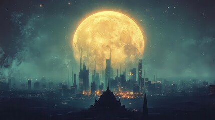 Surreal Nighttime Cityscape Under a Bright Full Moon with Stars and Mystical Atmosphere
