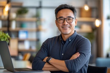 Portrait of mature experienced Asian businessman inside office at workplace, boss programmer sitting at desk with arms crossed smiling and looking at camera with laptop