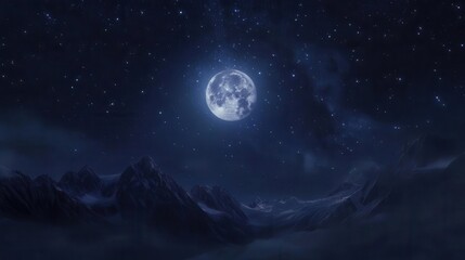 Stunning Night Sky Over Snow-Capped Mountains with Bright Full Moon and Stars in the Horizon