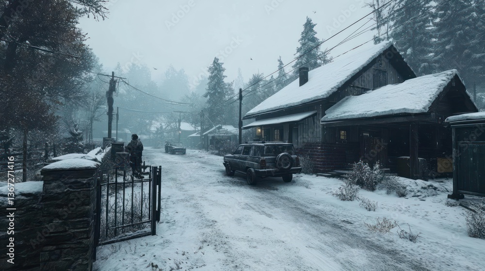 Poster snowy rural scene with a house and truck on a snow-covered road. trees and a fence are visible in a 