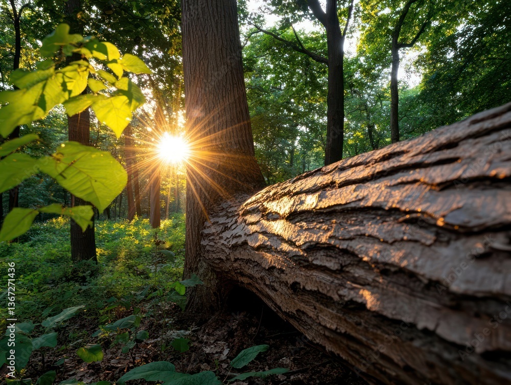 Poster a fallen tree trunk illuminated by the sun in a forest scene. green leaves and branches frame the su