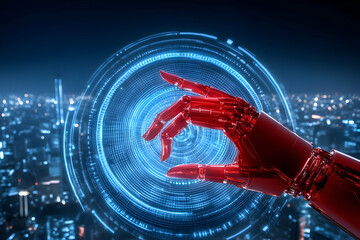 Digital Robotic Hand Reaching Towards Glowing Blue Circle Over Cityscape Photo