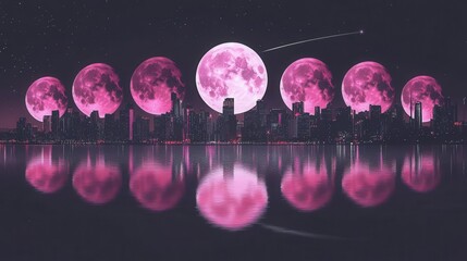 Surreal Pink Moon Over City Skyline Reflected in Water at Night with Stars in the Sky