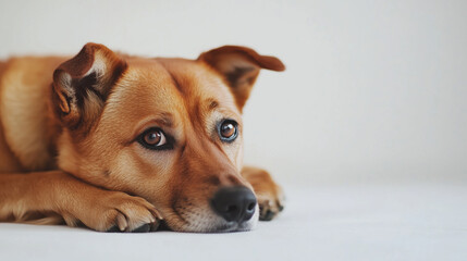 Pensive brown dog lying on floor with expressive eyes