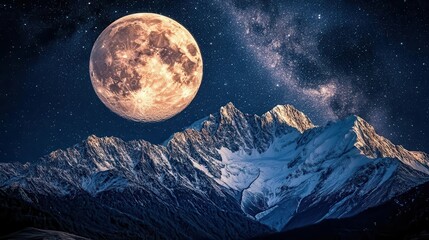 Stunning Night Sky over Majestic Snow-Capped Mountains with Full Moon and Stars