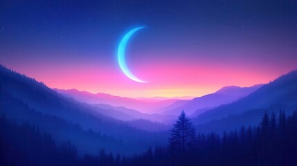 Tranquil Night Landscape with Crescent Moon and Vibrant Twilight Over Mountains