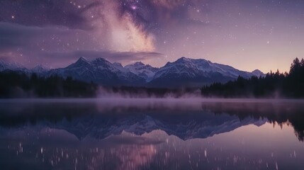 Stunning Night Sky with Milky Way Over Majestic Mountains and Tranquil Reflecting Lake