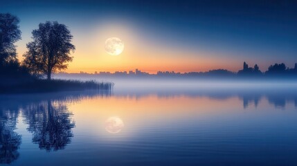 Stunning Sunset Over Calm Lake with Reflective Trees and Soft Blue Sky in Serene Atmosphere