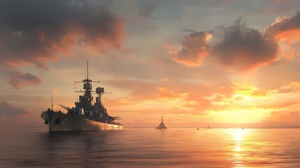 A powerful and imposing modern warship equipped with advanced radar and missile defense systems silhouetted against a dramatic twilight sky symbolizing strength technology