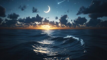 Stunning Sunset Over Ocean Waves With Moonlit Sky And Clouds Reflecting On Water Surface