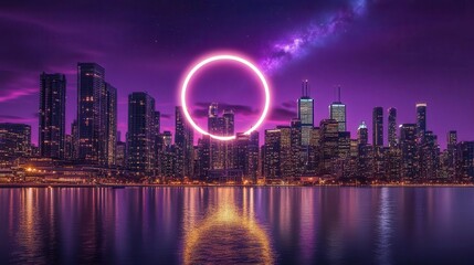 Vibrant Urban Skyline at Night with Cosmic Glow Circle and Reflections in Water