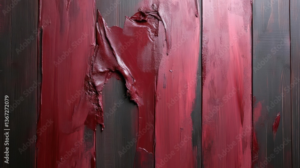 Poster Close up shot of a weathered wooden surface with peeling dark red paint revealing black beneath. The texture and color contrast create a unique aesthetic