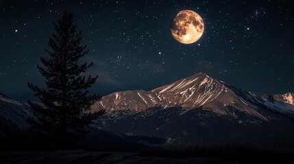 Stunning Night Sky with Full Moon Illuminating Snow-Capped Mountains and Stars in Wilderness