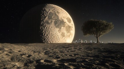 Stunning Surreal Landscape Featuring A Tree Under A Fragmenting Moon In A Starry Night Sky
