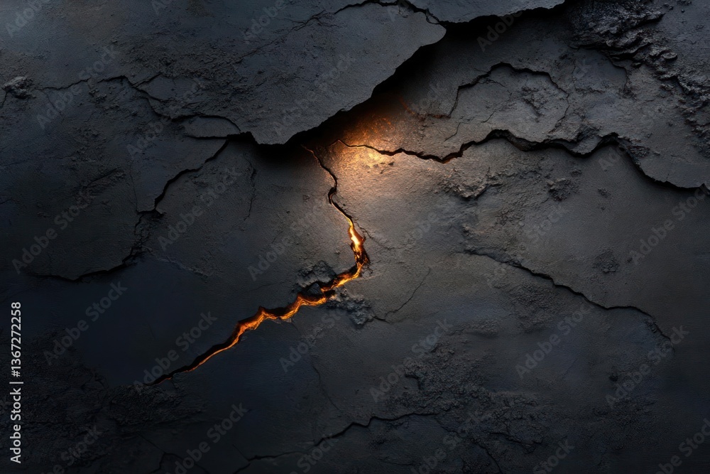 Poster cracked dark surface with bright orange light in the fissure a textured abstract art piece with roug