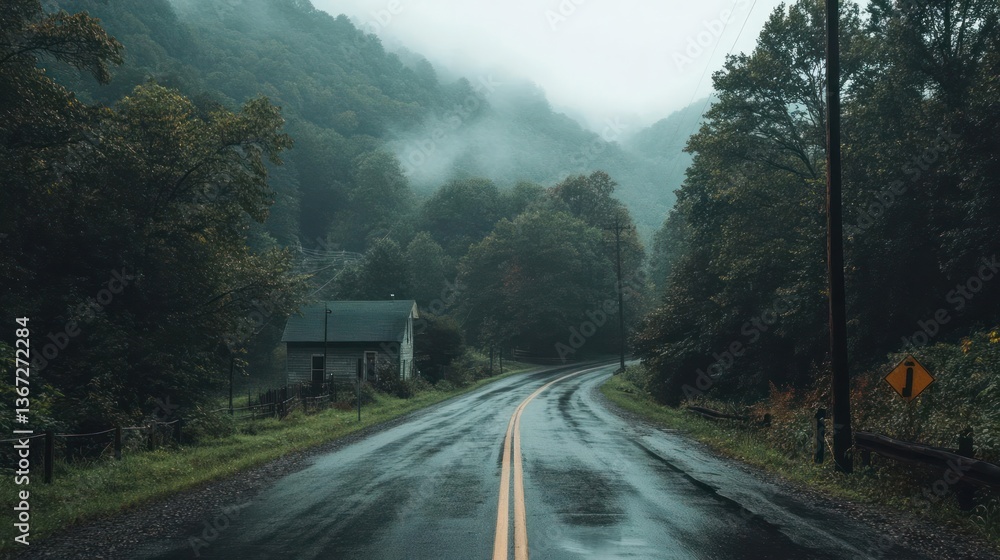 Poster wet road leads through misty mountain valley with lush green trees and a small house shrouded in fog