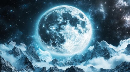 Stunning Night View of a Large Full Moon Over Majestic Mountains and Cloudy Sky
