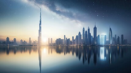 Stunning Urban Skyline at Night with Reflections in Water and Starry Sky over Cityscape
