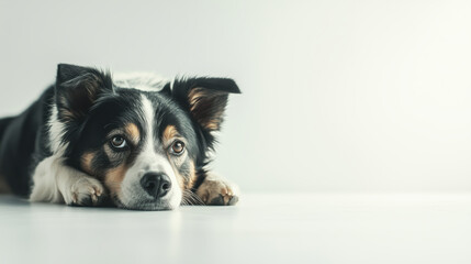 Relaxed border collie lying on floor with curious expression