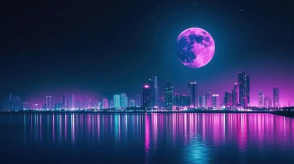 Vibrant City Skyline Illuminated by A Bright Moon and Neon Lights at Nighttime