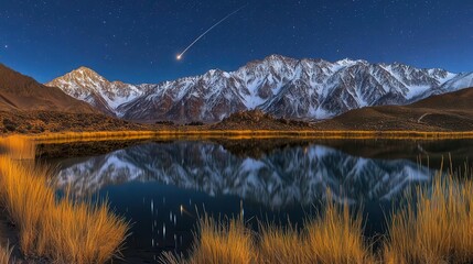 Stunning Night View of Snow-Capped Mountains and Comet Over Peaceful Lake Reflection