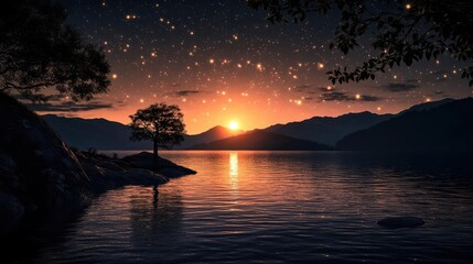 Stunning Sunset Over a Calm Lake with Silhouette of a Tree and Glimmering Stars in the Sky