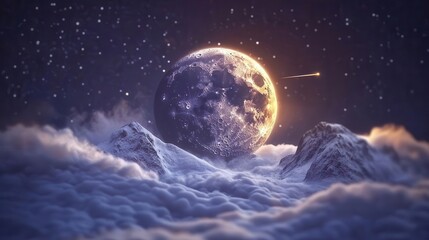 Surreal Moonlit Landscape with Mountains and Clouds Under a Starry Sky at Night