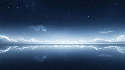 Tranquil Night Sky Reflection Over Serene Waters with Stars and Clouds in a Dreamy Landscape