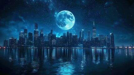 Vibrant City Skyline Under a Bright Moon with Reflective Water at Night