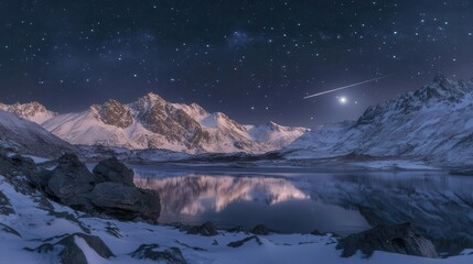 Stunning Night View of Snow-Capped Mountains Under Starry Sky Reflected in Tranquil Lake