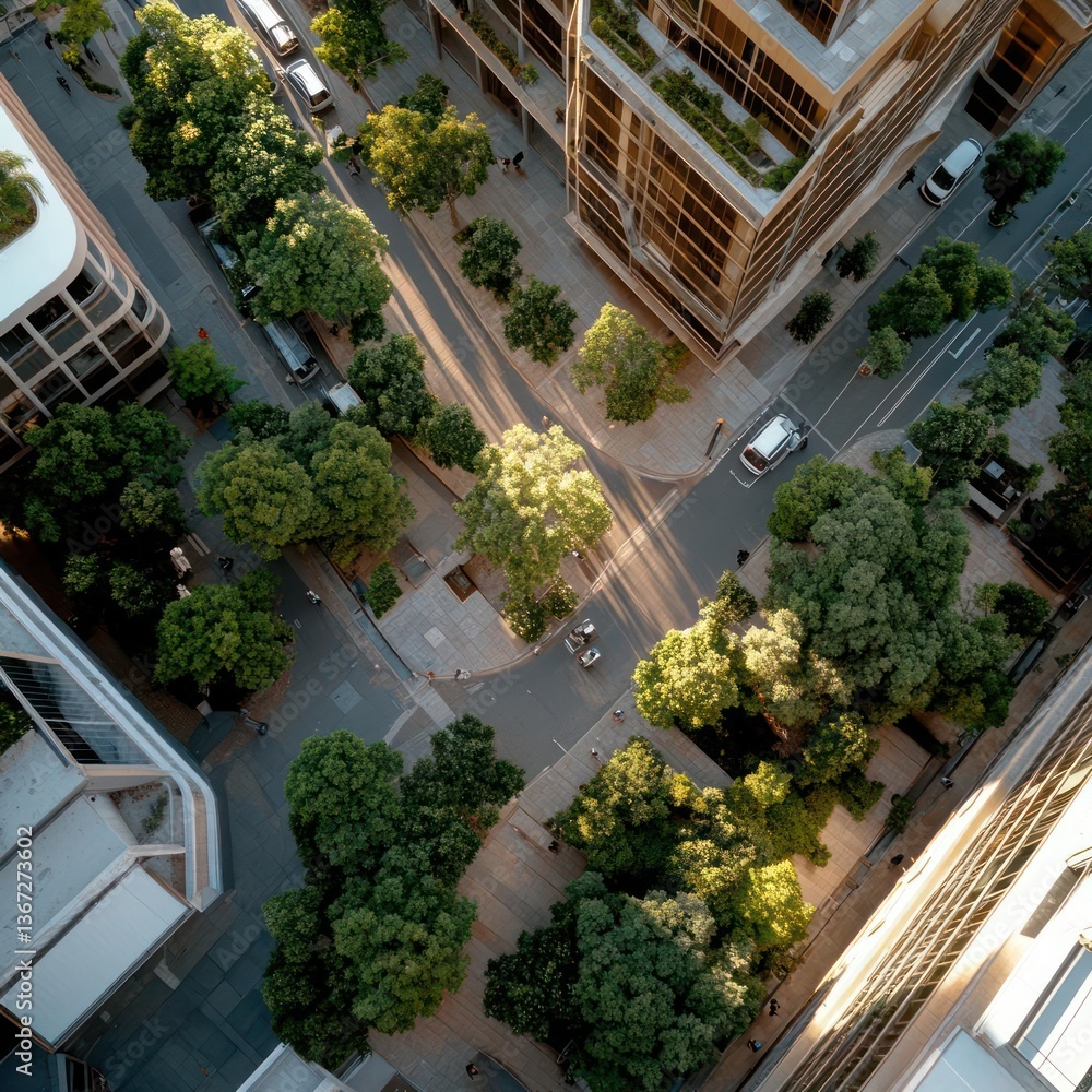 Aufkleber aerial perspective of a city intersection with lush green trees casting shadows on the streets and s