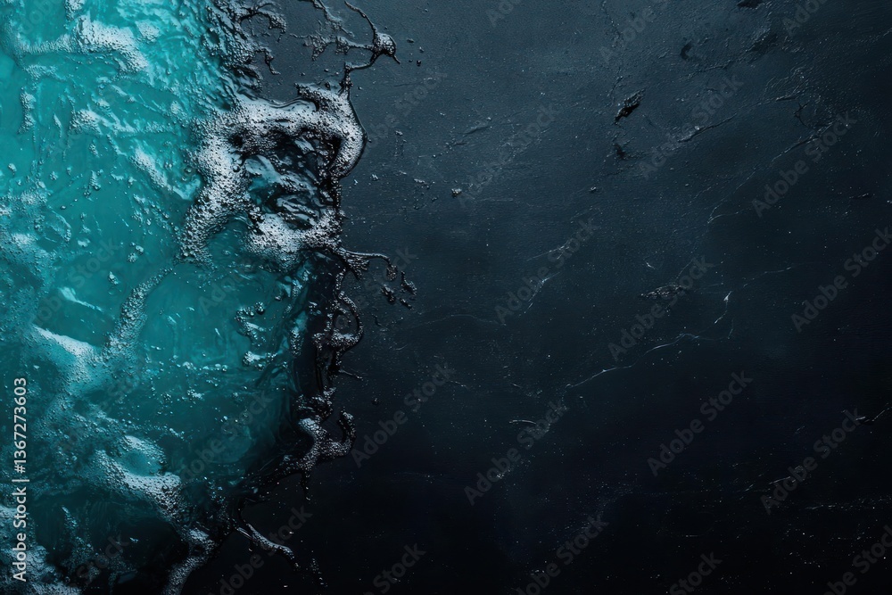 Poster Abstract teal water texture with sparkling particles on a dark background. Displays a sense of depth and the beauty of water
