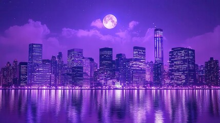 Vibrant City Skyline at Night with Purple Hues and Full Moon Reflected on Water Surface