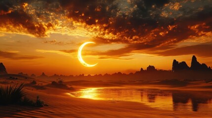 Tranquil Sunset with a Crescent Moon over a Serene Landscape and Reflective Water