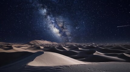 Vast Desert Landscape Under Starry Night Sky with Milky Way and Distant Sand Dunes