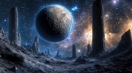 Surreal Cosmic Landscape Featuring Rocky Terrain and Distant Planet Amidst the Stars