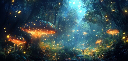 Enchanted forest at night. Glowing mushrooms illuminate a magical pathway through ancient trees. Fantasy landscape, dreamlike atmosphere.